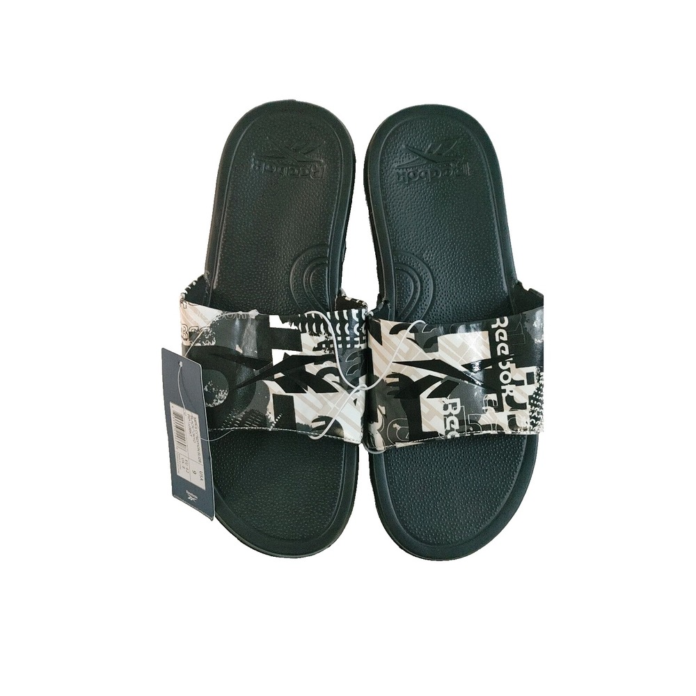 Reebok Men's Size 9 Black White Slide Sandal Summer Beach Pool Collage Print